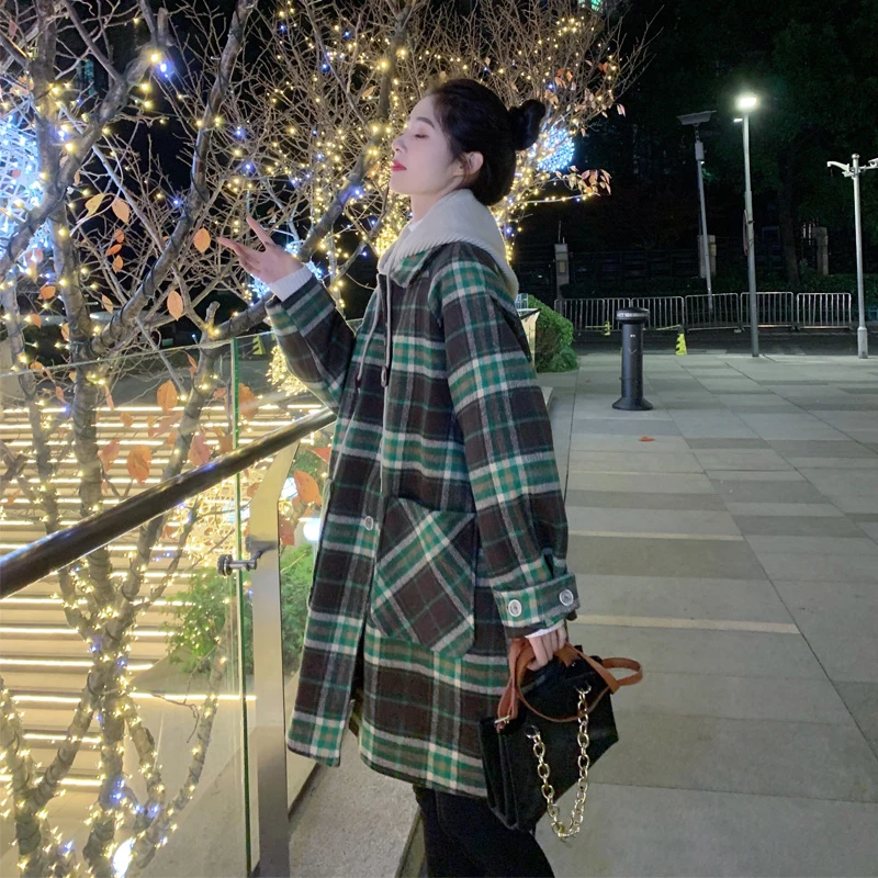 学院风毛呢外套女2025春秋新款复古休闲韩系格纹慵懒风呢子大衣潮