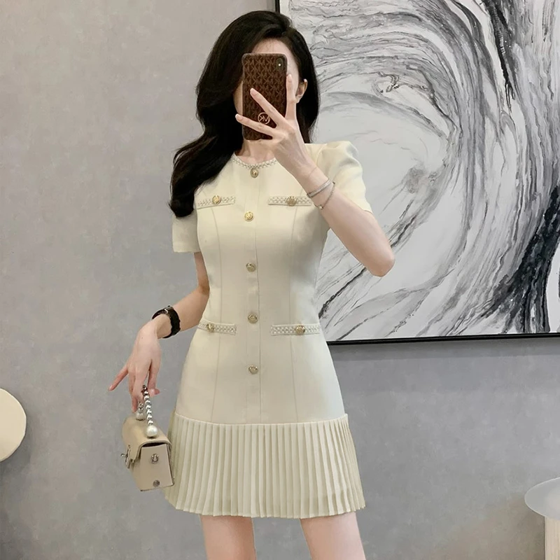 【有里布】法式连衣裙女夏富家千金感轻奢气质收腰设计百褶裙D1581