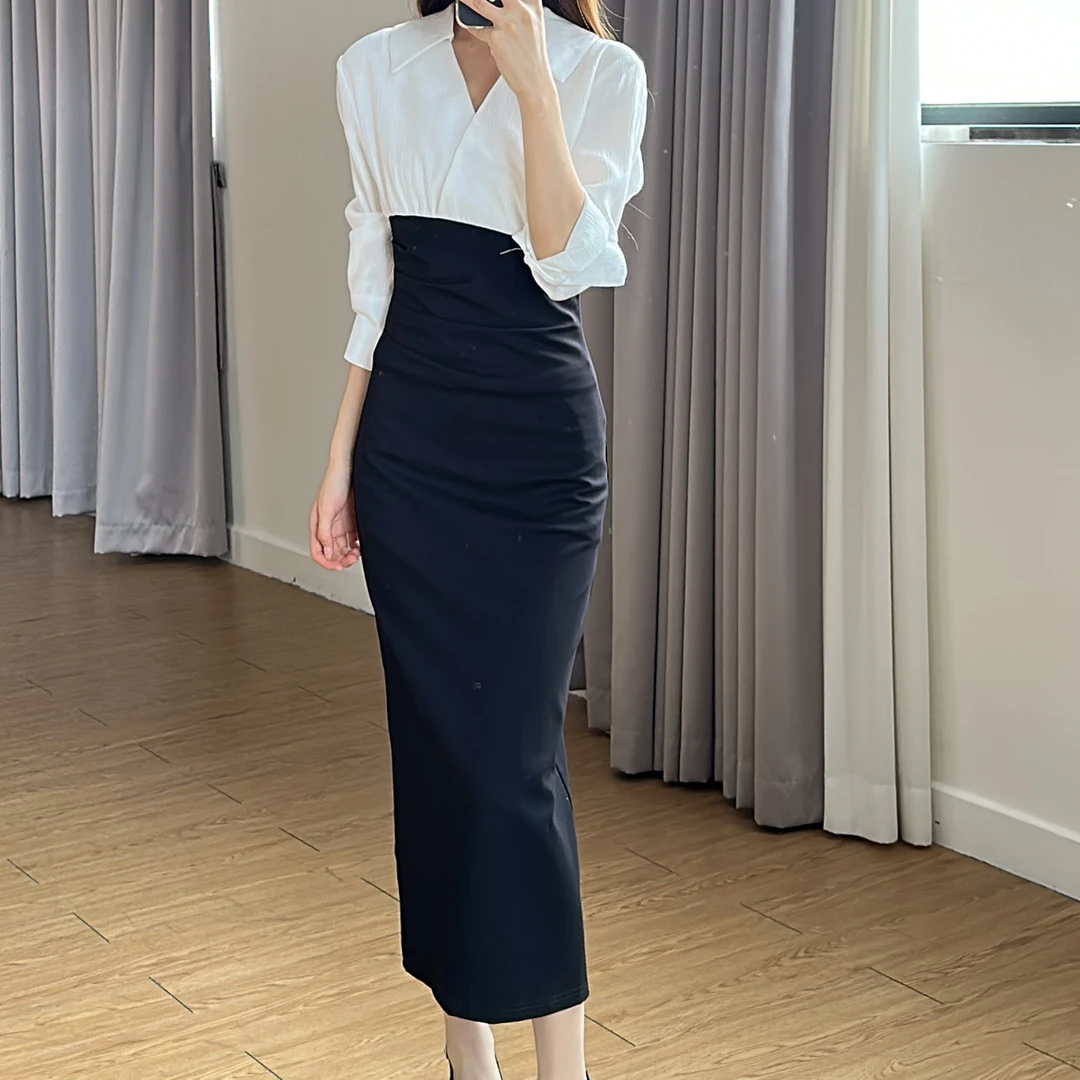 小小仟 许妍递离hun协议黑白拼色修身连衣裙