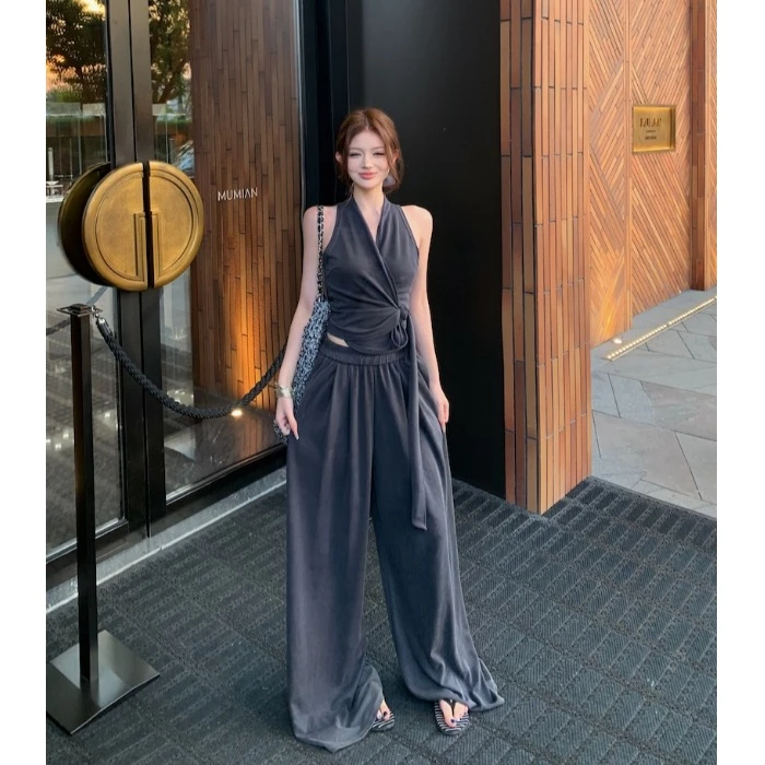 休闲套装绑带修身气质无袖背心上衣女夏季高腰阔腿长裤灰色两件套