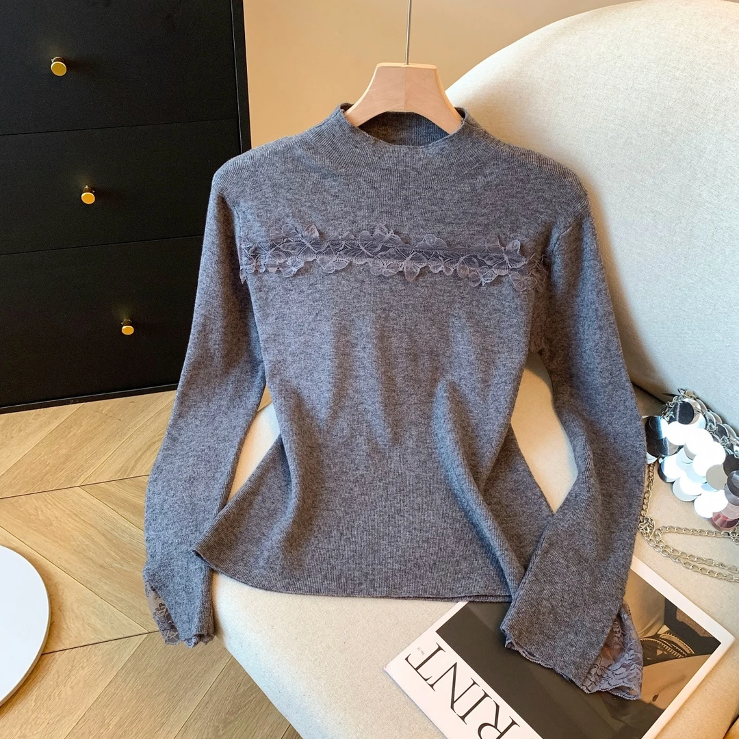 法式半高领蕾丝拼接长袖毛衣秋冬季小香风气质减龄修身显瘦针织衫