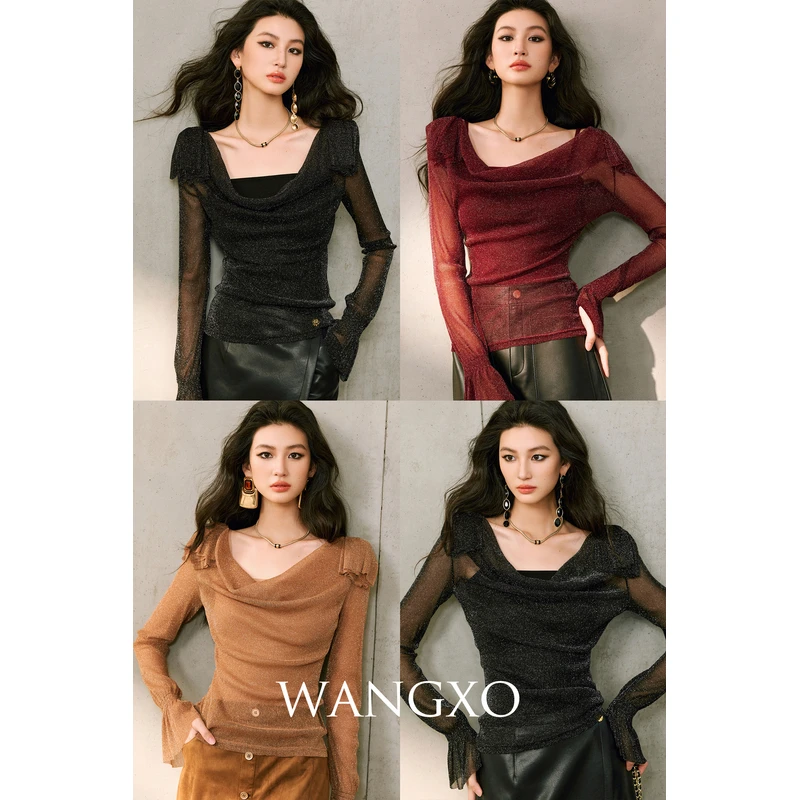 WANGXO 银丝线弹力网纱荡领修身两件套 250956W