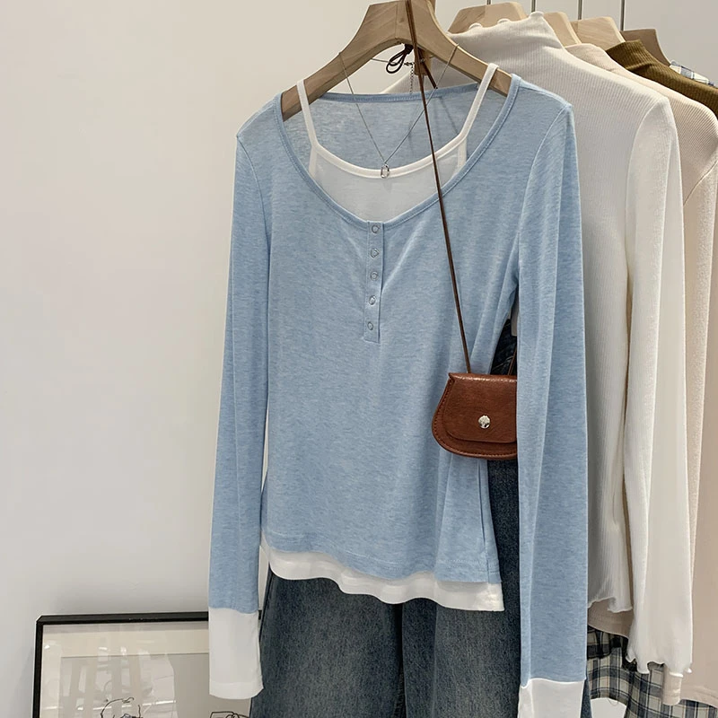 【Q】2025春季新款休闲百搭假两件撞色纽扣长袖T恤上衣250097