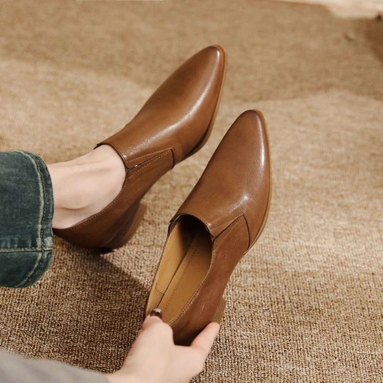 3cm~法式通勤深口单鞋女2025春秋尖头真皮羊皮一脚蹬舒适小皮鞋女