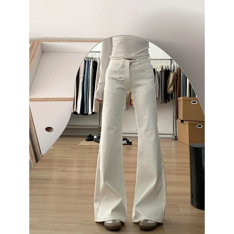小个子美式白色时尚低腰不贴腿微喇牛仔裤女百搭显瘦喇叭拖地裤子
