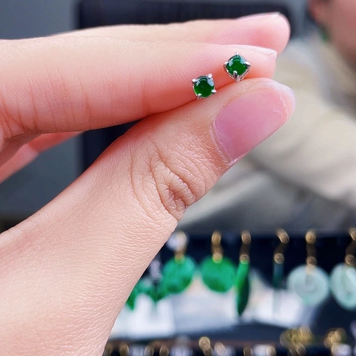 翡翠耳饰银S925镶嵌饰品