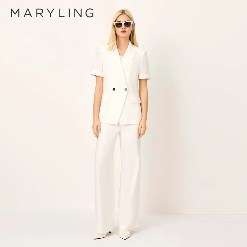 MARYLING玛俪琳初夏老钱风亚麻戗驳领双排扣短袖西装A1FCW10250