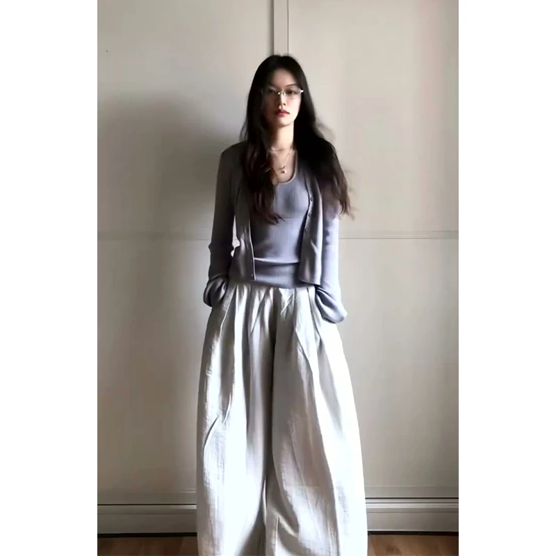 2025早秋新款女韩系穿搭薄款长袖开衫吊带背心气质高腰阔腿长裤