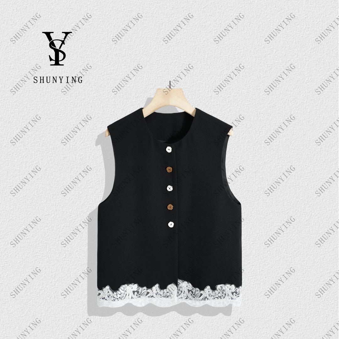 【顺瀛】气质穿搭~洋气百搭时尚蕾丝花边拼接无袖马夹SY71MJ1116
