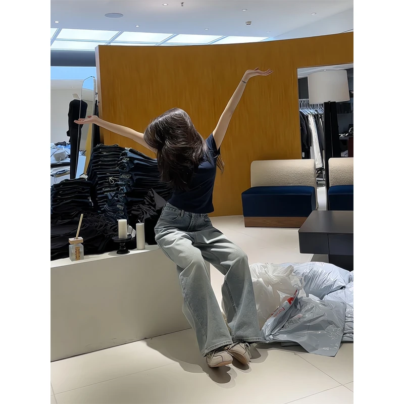 2025年夏季新款纯色圆领短袖T恤修身上衣阔腿牛仔裤高腰直筒裤子