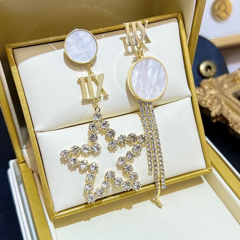 铜合金合成锆石耳饰 气质不对称AB款式轻奢时尚百搭简约长款耳环