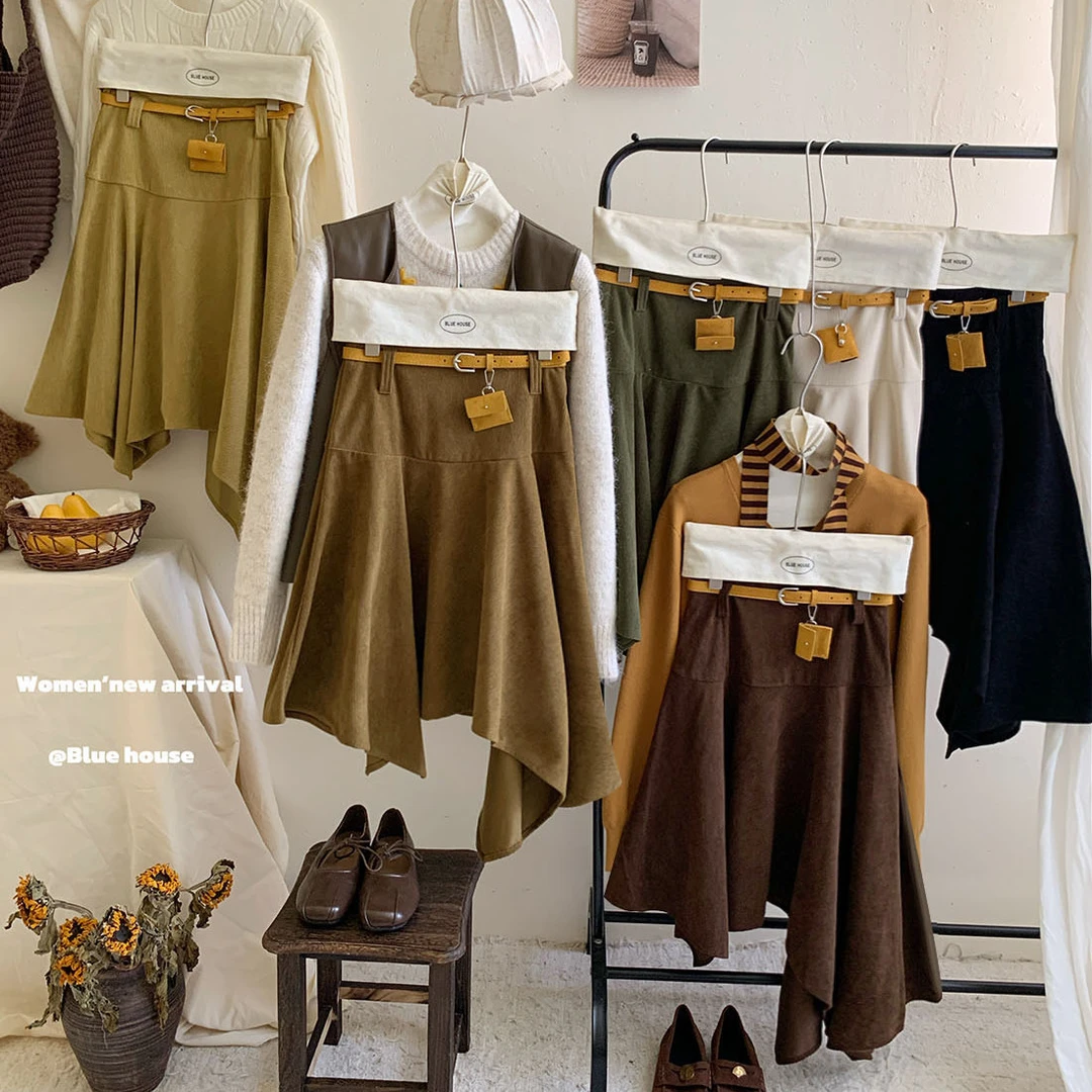 法式复古不规则荷叶斜边半身裙女秋复古灯芯绒遮胯辣妹a字大摆裙