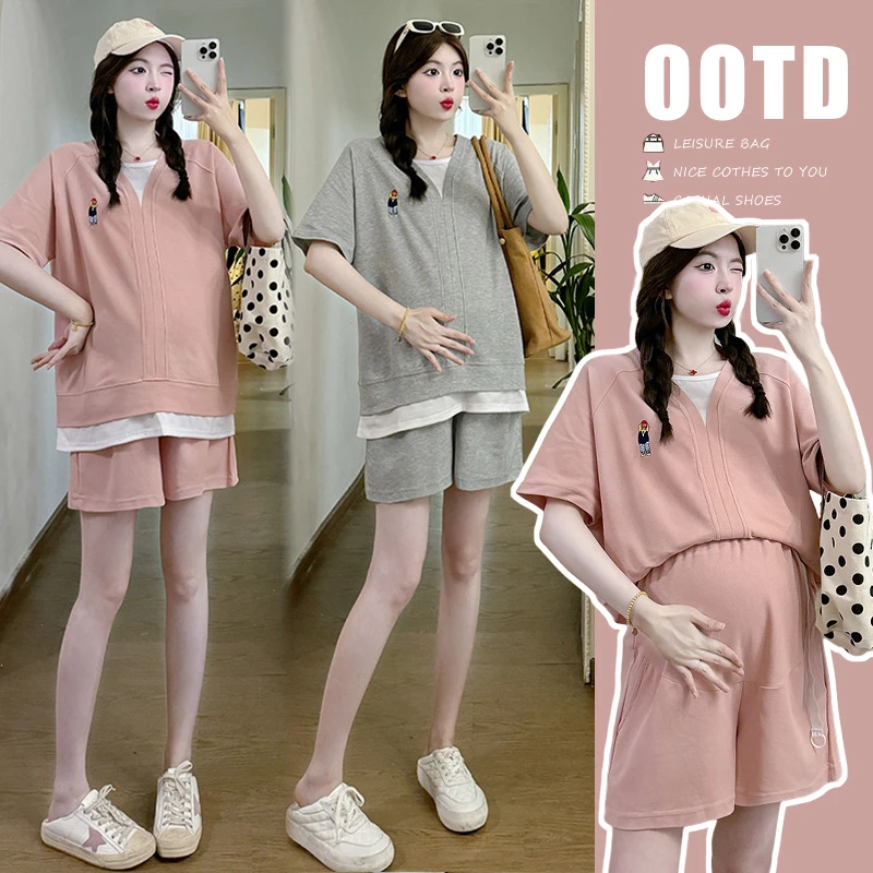 R343#3.17 夏季新款韩版拼接网红休闲孕妇装套装两件套