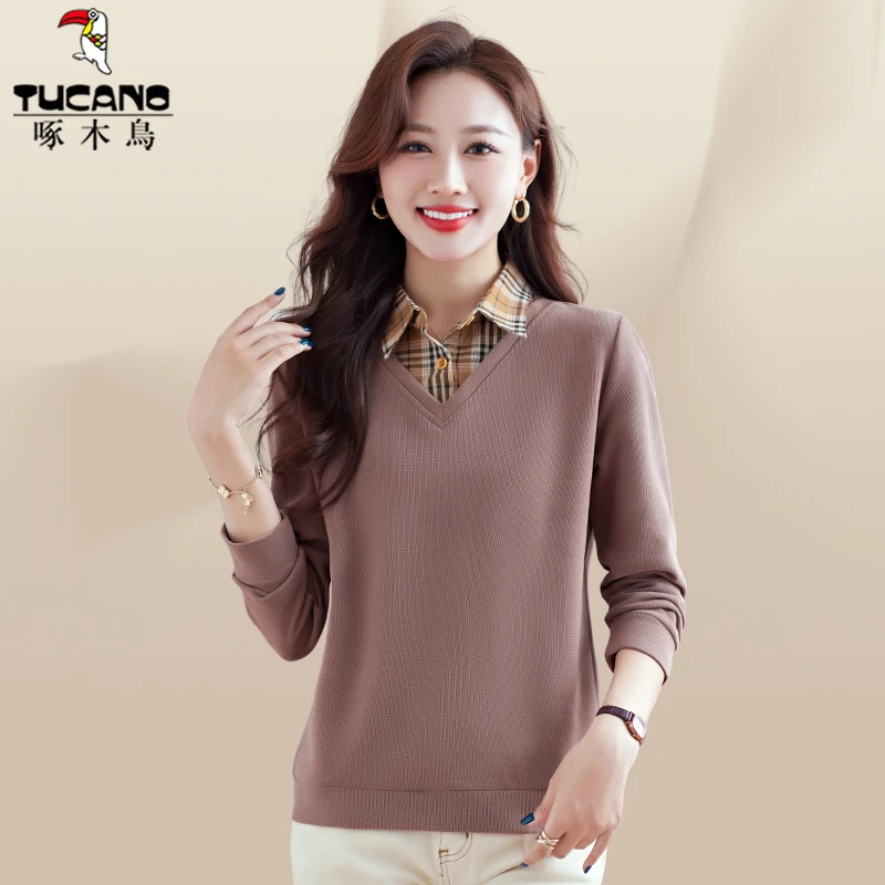 啄木鸟假两件上衣女春秋新款春装女装格纹拼接打底衫女士卫衣