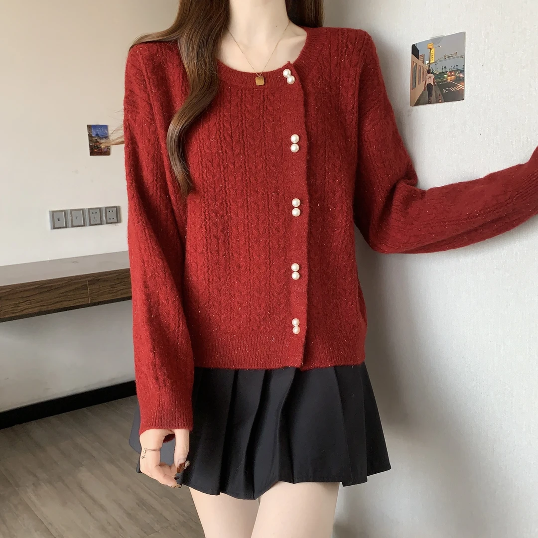 时尚韩系红色毛衣外套女秋冬季宽松圆领毛织针织开衫上衣秋装长袖