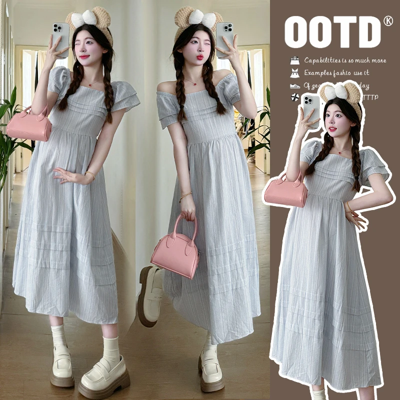 【kiki严选】孕妇装夏季2025新款法式飞飞袖一字肩两穿孕妇连衣裙