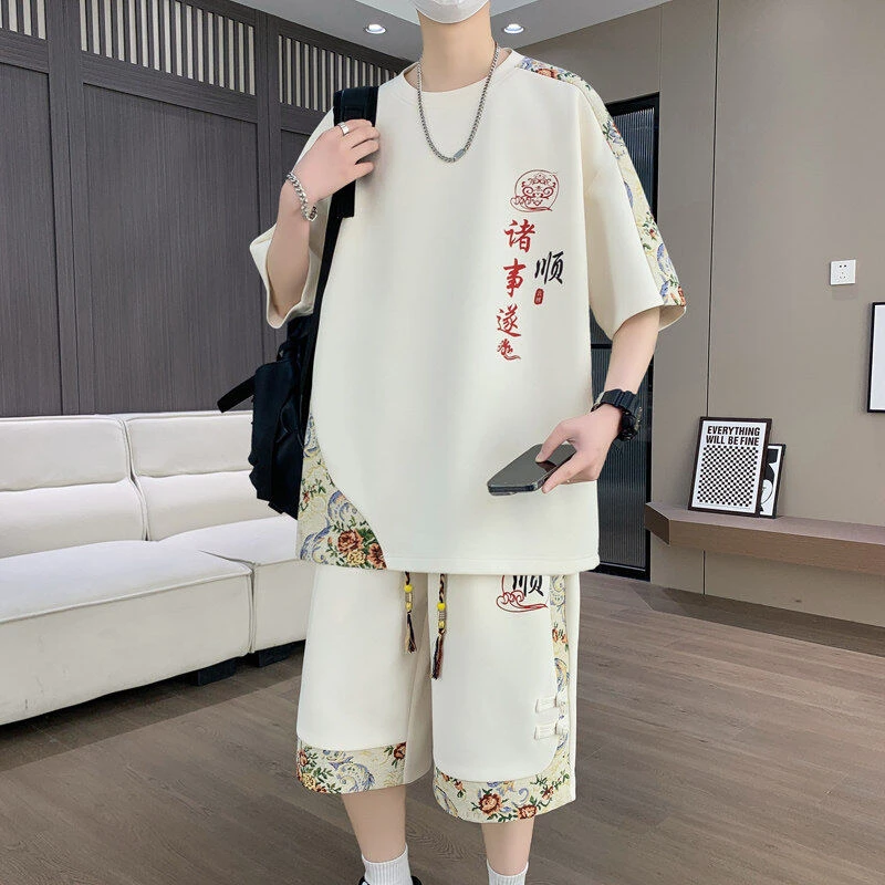 2025年新款男士少年感国风短裤休闲透气套装居家外出两穿