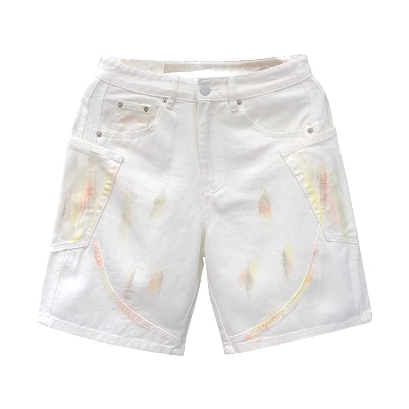 卓伊纳比设计感彩绘白色牛仔短裤男士夏季薄款潮流时尚五分裤宽松