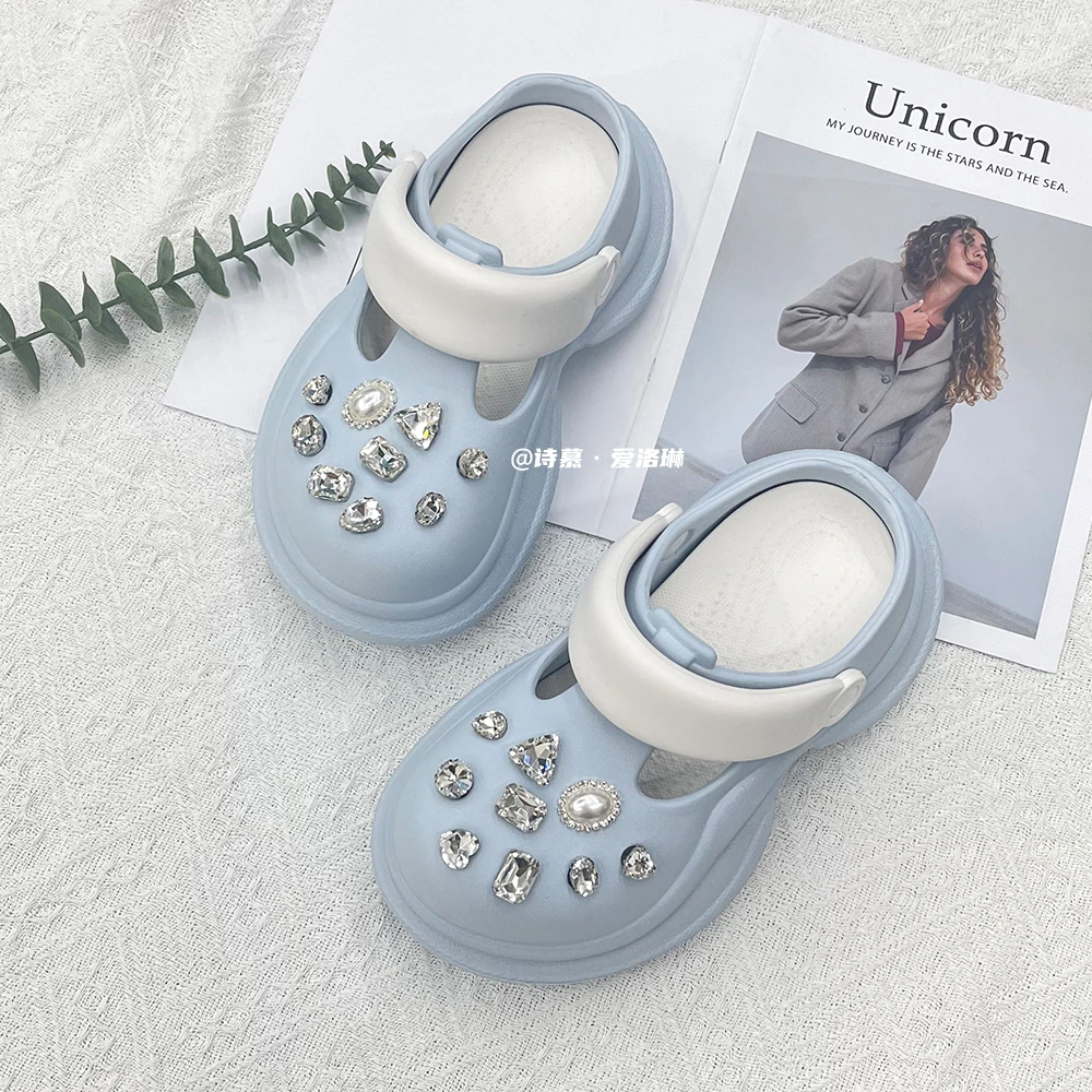 诗慕·爱洛琳【心之钻】夏季外穿时尚防滑百搭透气包头舒适蓝色拖鞋