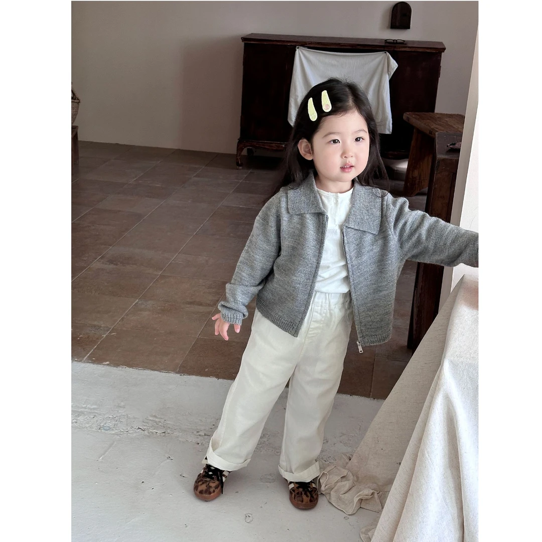 现货】壹妈韩版童装女童秋装套装洋气儿童灰色针织拉链外套休闲裤
