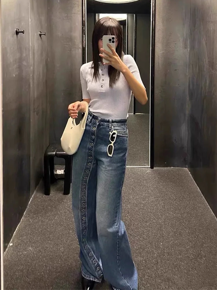 大码美式复古设计感多纽扣微喇牛仔裤女秋冬显瘦高腰直筒拖地长裤