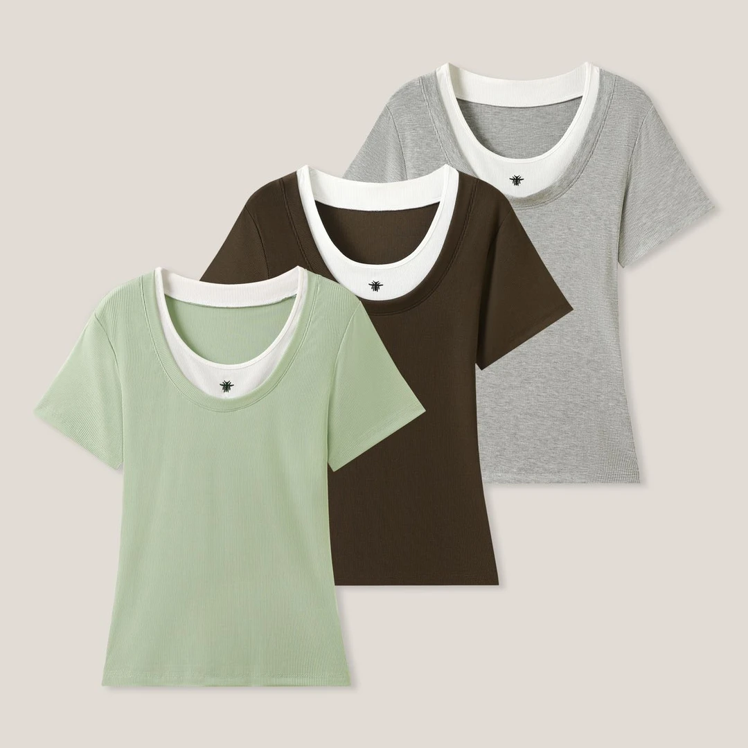 气质小蜜蜂刺绣 假两件时尚潮流百搭短袖T恤ss26259