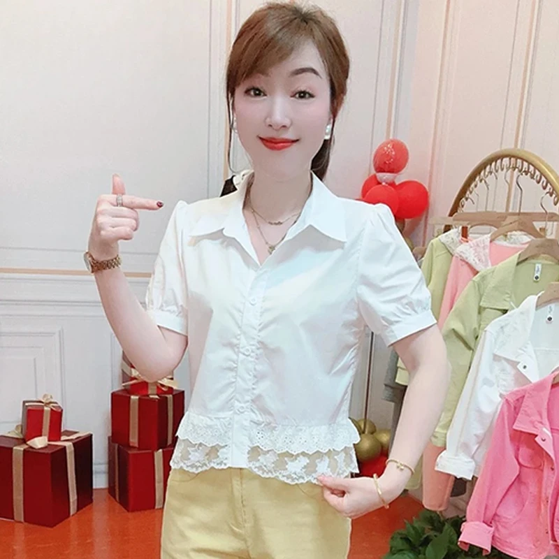 设计感时尚气质衬衫女2025年夏季新款小熊蕾丝边翻领收腰提花衬衣