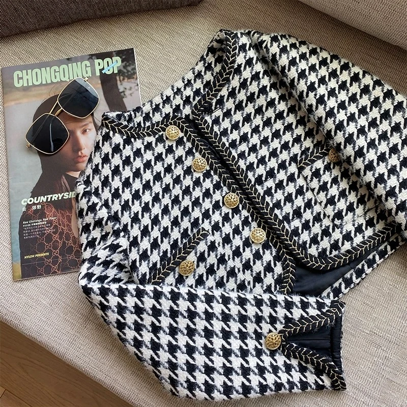 复古港味千鸟格外套女秋冬新款法式小香风短款小个子百搭BN0107