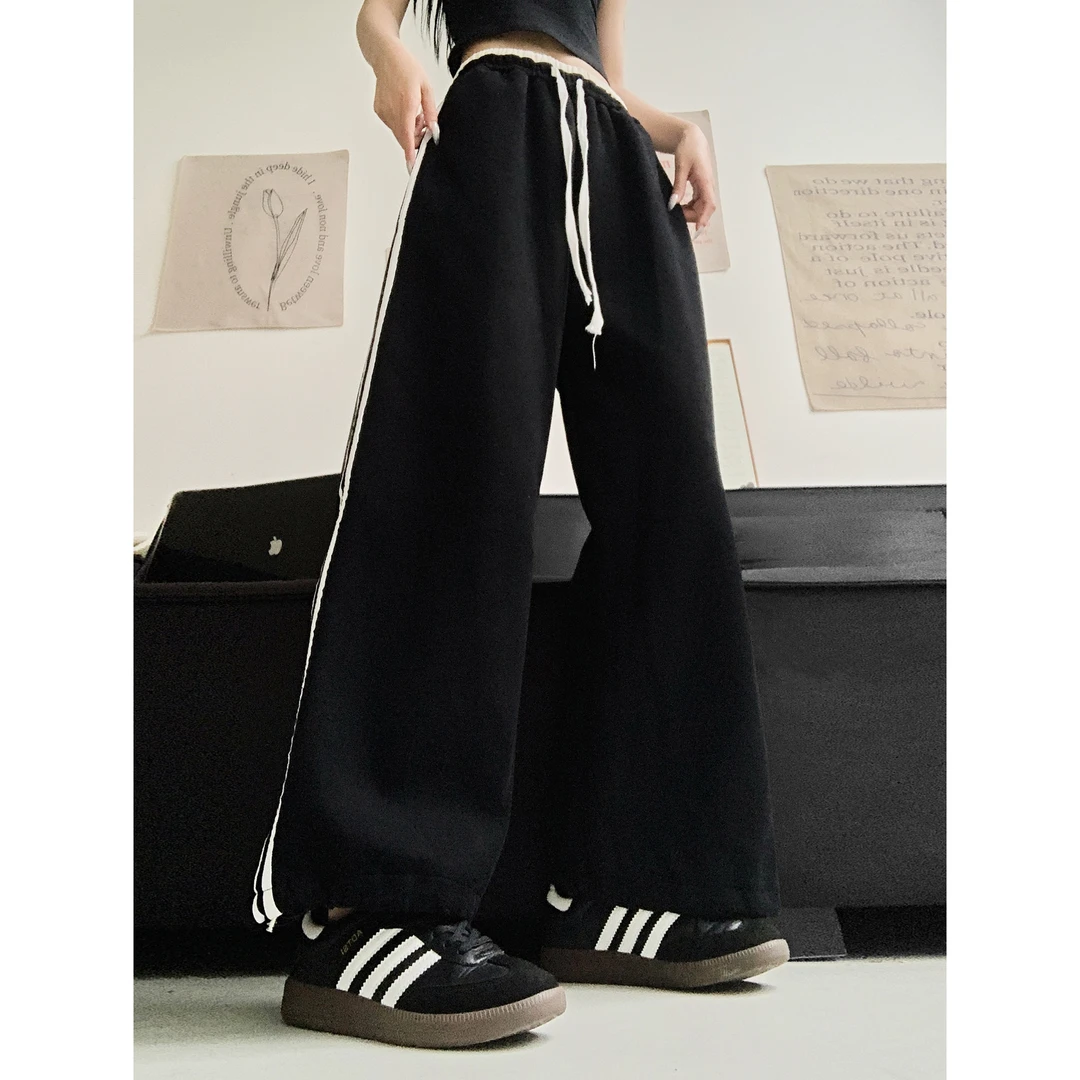 秋冬撞色设计高腰垂感阔腿裤美式辣妹慵懒风卫裤休闲运动裤