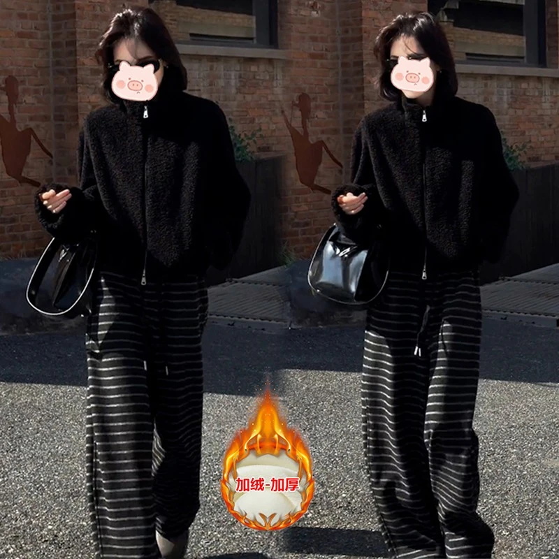 秋冬季新款穿搭一整套慵懒设计外套搭配撞色条纹休闲裤两件套女潮