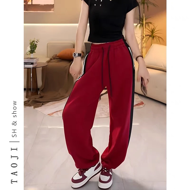 8322 美式运动高腰春款休闲裤新款设计感撞色松紧腰拉链口袋长裤