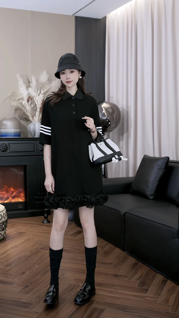 设计师【小玫瑰】夏季简约宽松舒适通勤度假polo领连衣裙Z252046