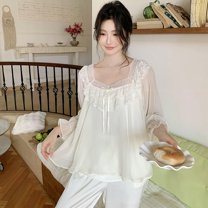 【柠初套装】法式宫廷风优雅公主甜美蕾丝白色仙女可外穿家居服