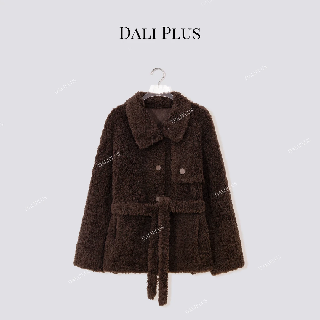 DALI PLUS“100羊毛风衣版颗粒毛”乌木色收腰保暖外套-D5MM3149