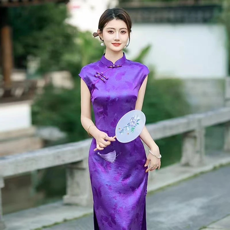 半袖2025新款2551（紫）旗袍M-4XL丝滑缎修身双面绉扎染印花
