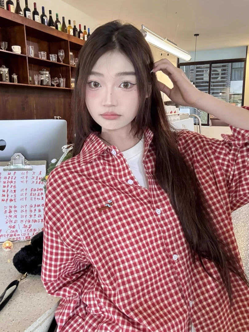 红色格子小狗刺绣长袖衬衫外套女早秋复古格纹叠穿衬衣宽松上衣夏