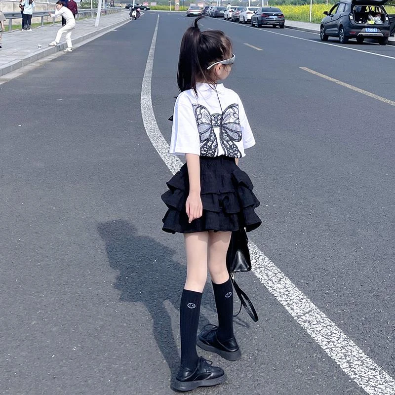 MK&UR.BV夏季2025新款女童韩版蝴蝶短袖恤高腰蛋糕裙两件套显瘦