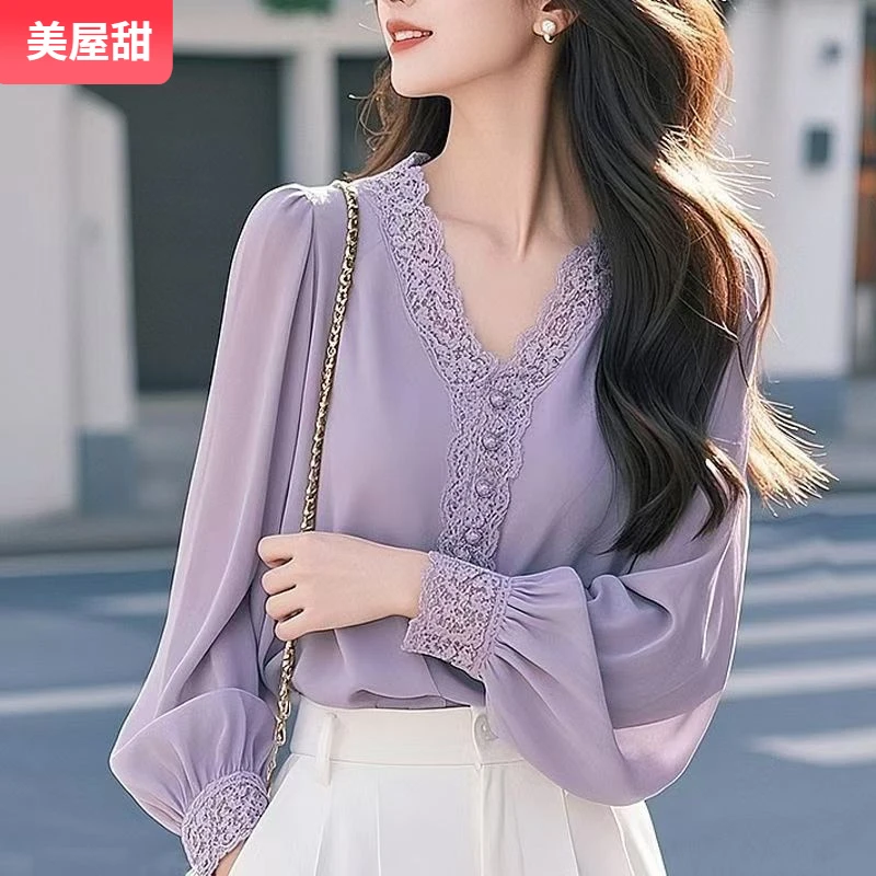 12025氛围感紫色衬衫女春夏新款法式气V领灯笼袖衫独特绝美小衫I