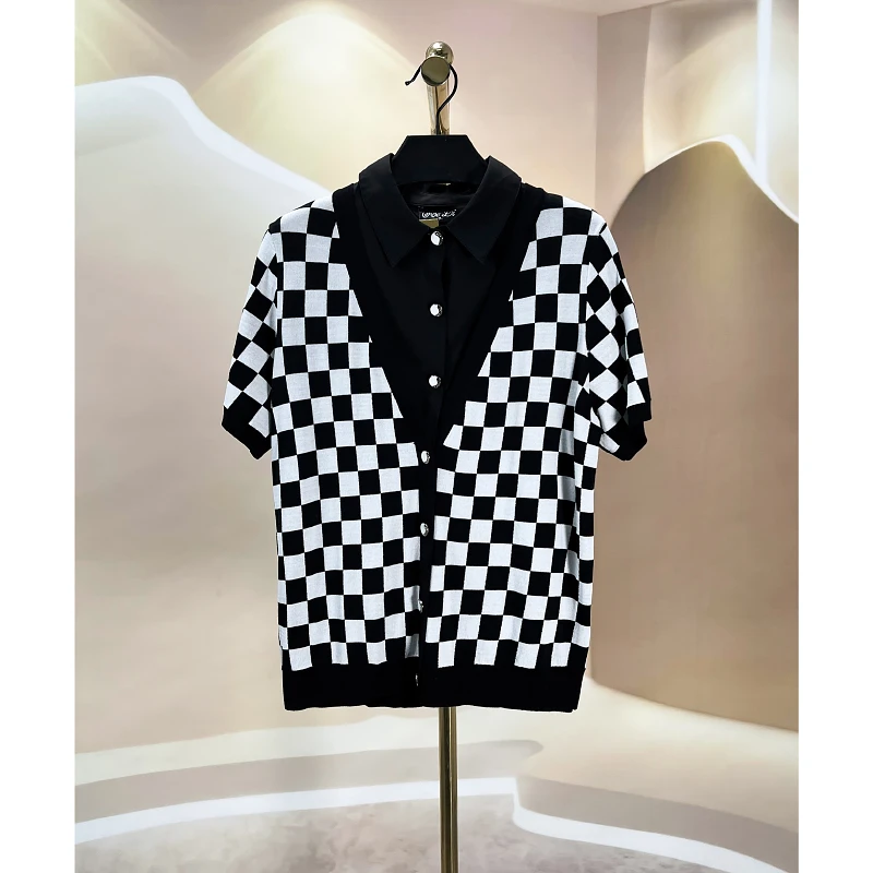 针织衫短袖女夏季薄款新款v领棋盘格开衫 赫2755A