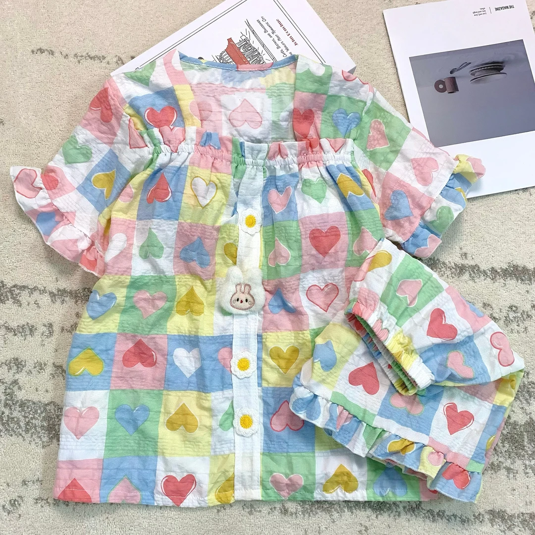 2025新款睡衣女款夏季云朵棉带胸垫短袖甜美爱心可外穿家居服套装