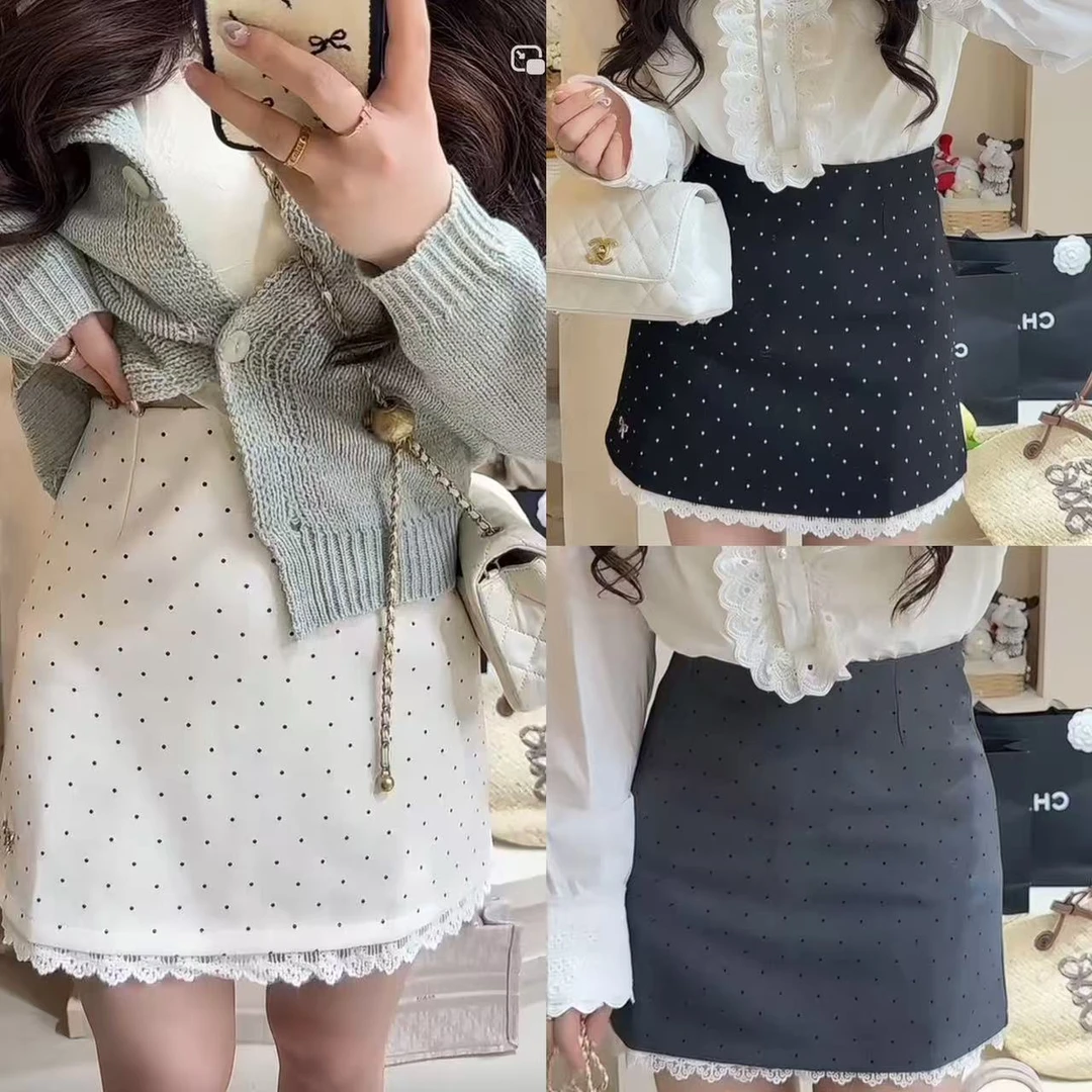 4925韩系波点拼接蕾丝A字半身裙