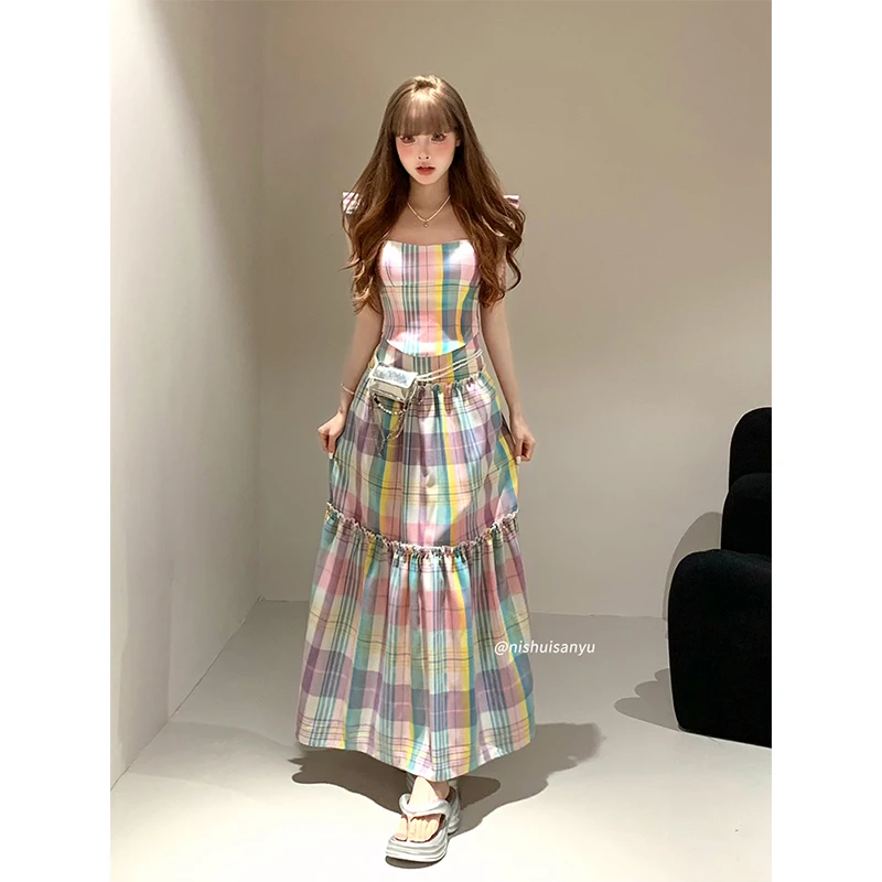 溺水三鱼【彩虹优格】辣妹显瘦气质小众彩虹格纹多巴胺吊带套装裙