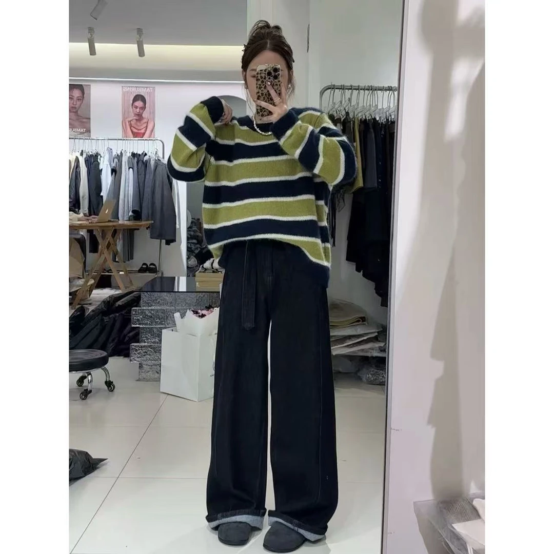 【小个家】“只此青绿”秋冬两色撞色宽松条纹羊毛毛衣