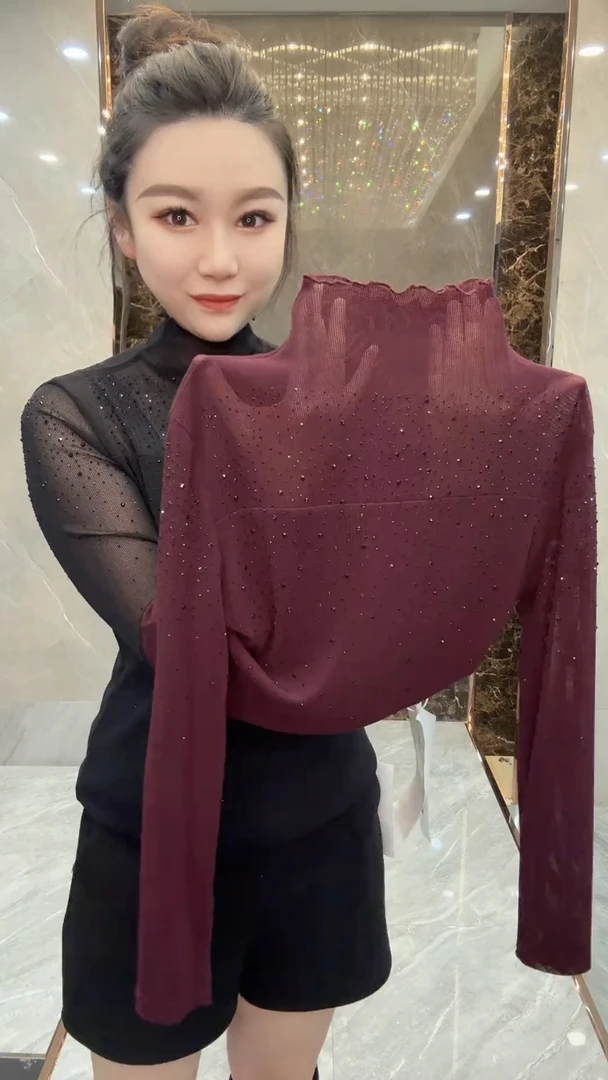 长袖微透满天星烫钻半高领修身百搭洋气打底衫女T恤上衣