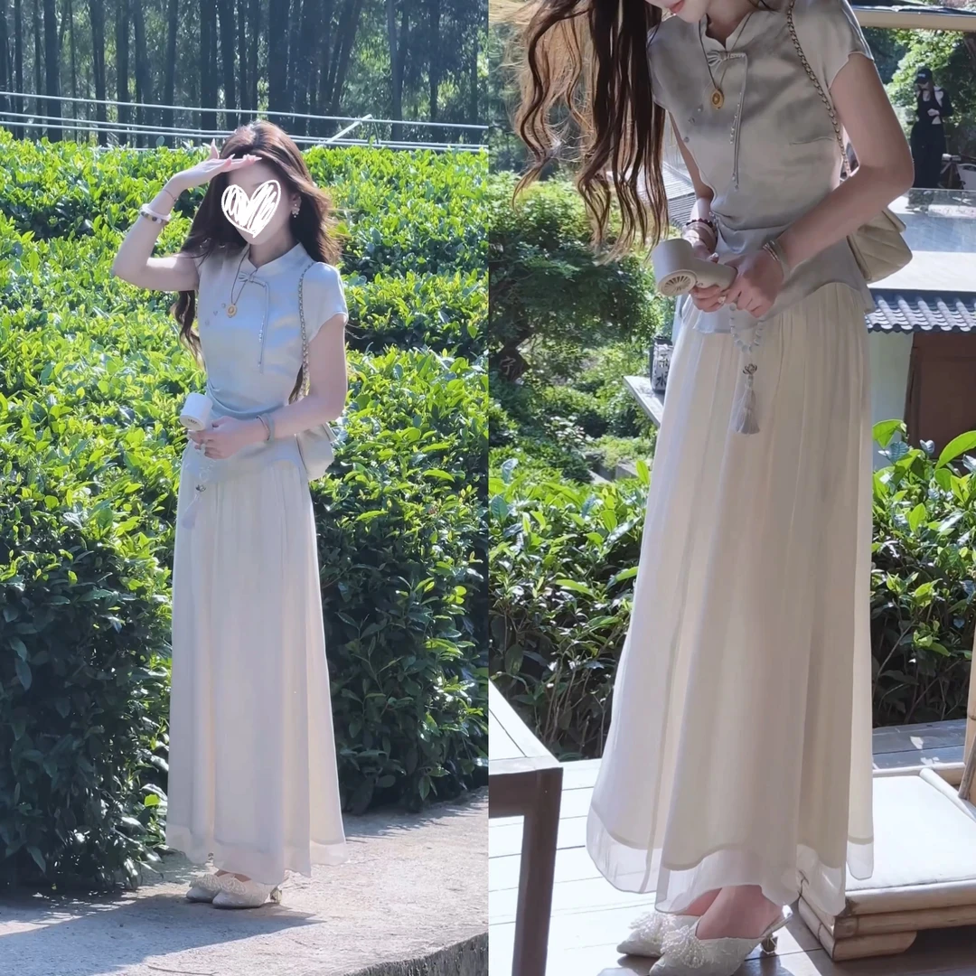 2025夏季新款新中式提花旗袍版短款上衣百搭半身裙套装洋气衣服女