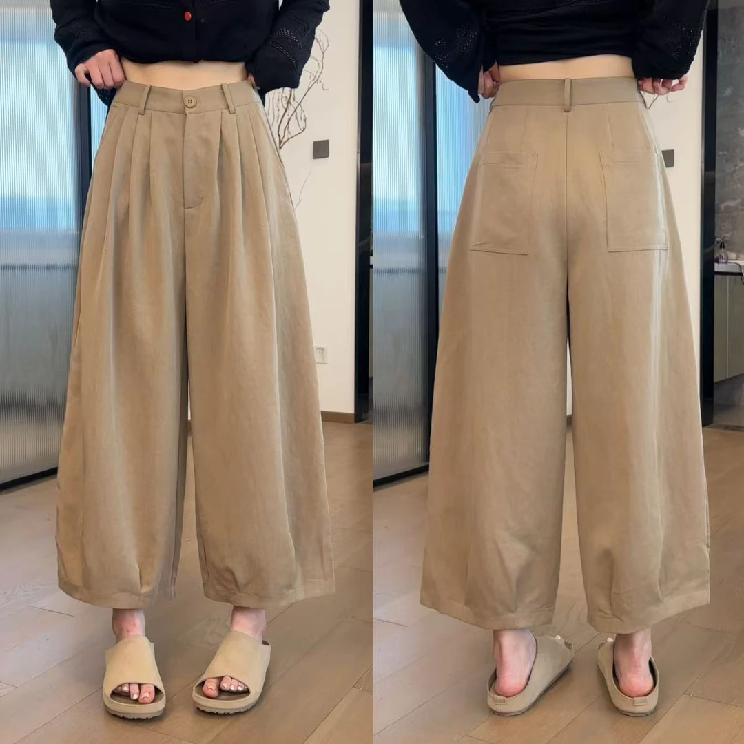 玖了个玖 2025夏 百搭立体剪裁捏褶显瘦阔版九分休闲裤 2504C2034