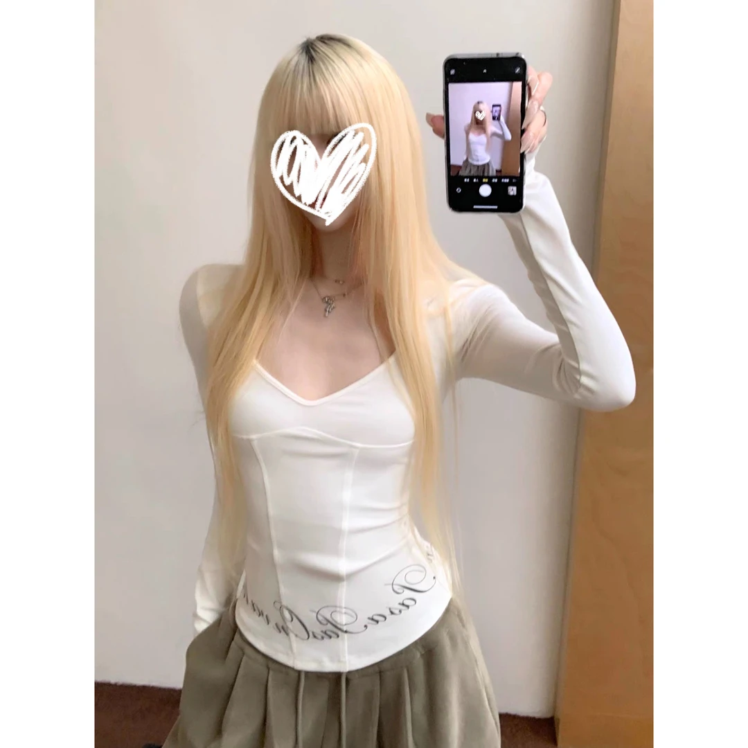 美式辣妹白色印花长袖T恤女秋冬修身显瘦方领打底衫正肩内搭上衣