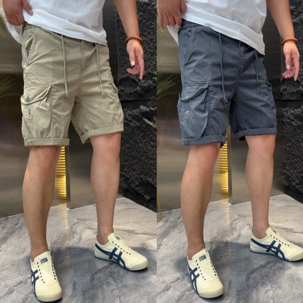 夏季薄款弹力工装风外穿中裤纯棉洗水百搭透气短裤复古口袋松紧腰