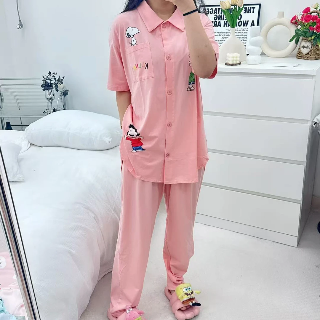 长裤夏季常规短袖睡衣开衫家居服套装短裤宽松印花卡通