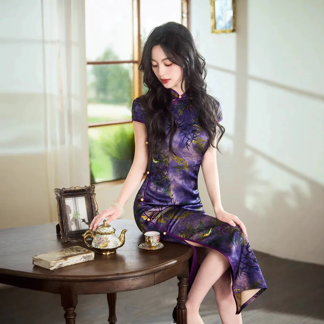 9090-紫色2025春夏款双面缎长款旗袍修身显瘦日常连衣裙礼服少